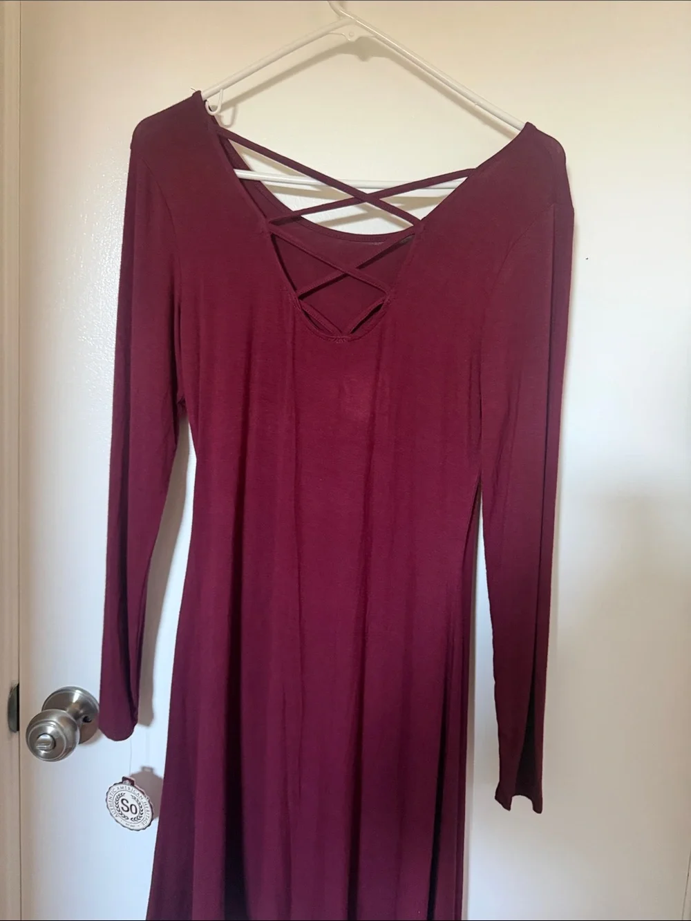 SO Wine Long Sleeve Crisscross Back Swing Dress